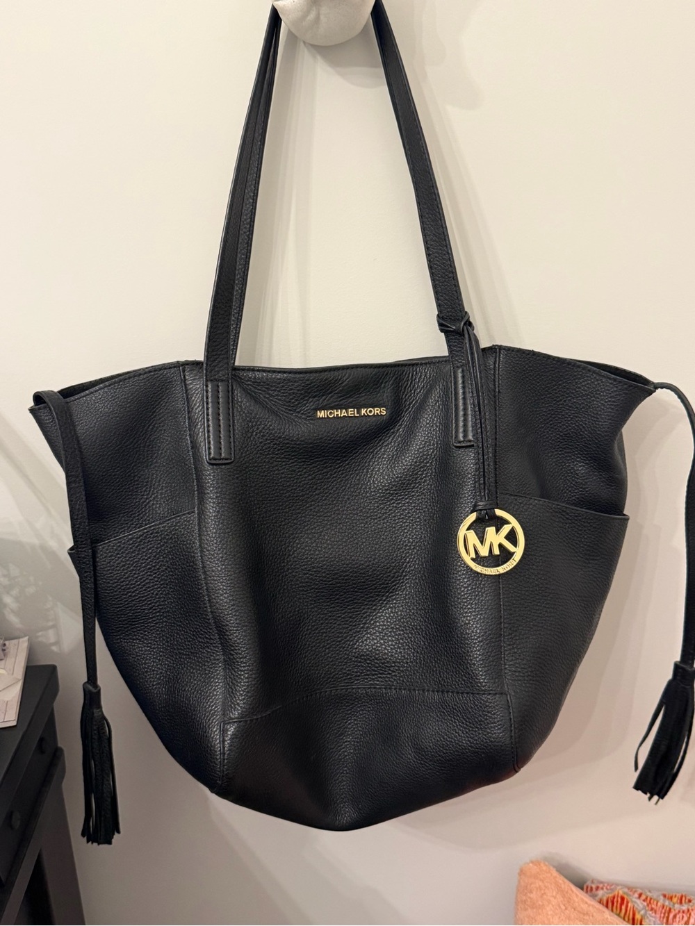 Michael Kors Black Leather Tote with Gold MK Logo Charm